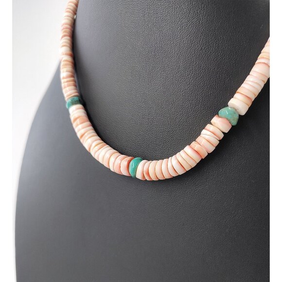 Native American Spiny Oyster Turquoise Necklace Graduated Heishi Sterling Beads - Picture 4 of 9